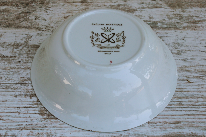 photo of vintage Staffordshire china serving bowl, English Partridge brown multicolor transferware bird pattern #2