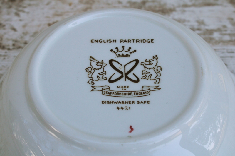 photo of vintage Staffordshire china serving bowl, English Partridge brown multicolor transferware bird pattern #3