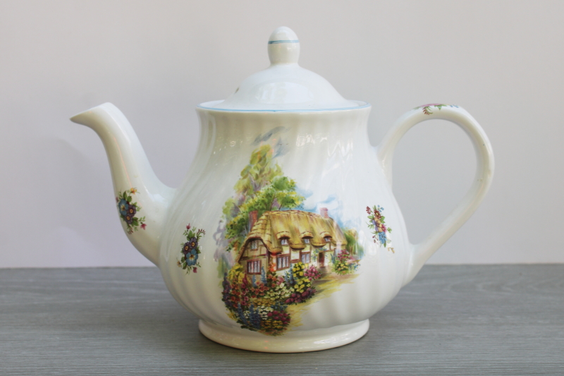 photo of vintage Stafforshire china teapot thatched tudor cottage, Arthur Wood England  #1