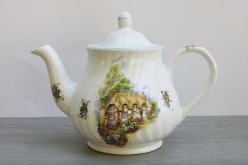catalog photo of vintage Stafforshire china teapot thatched tudor cottage, Arthur Wood England 