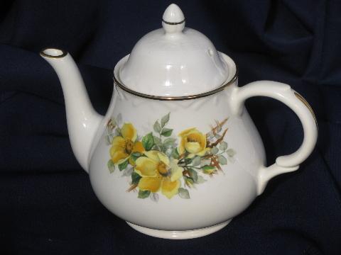 photo of vintage Stafforshire tea pot, yellow roses china Arthur Wood teapot #1