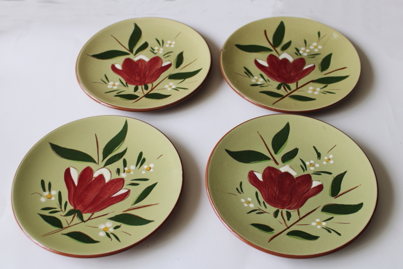 photo of vintage Stangl pottery Magnolia folk art flower on green, bread & butter plates #1