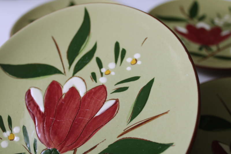 photo of vintage Stangl pottery Magnolia folk art flower on green, bread & butter plates #3