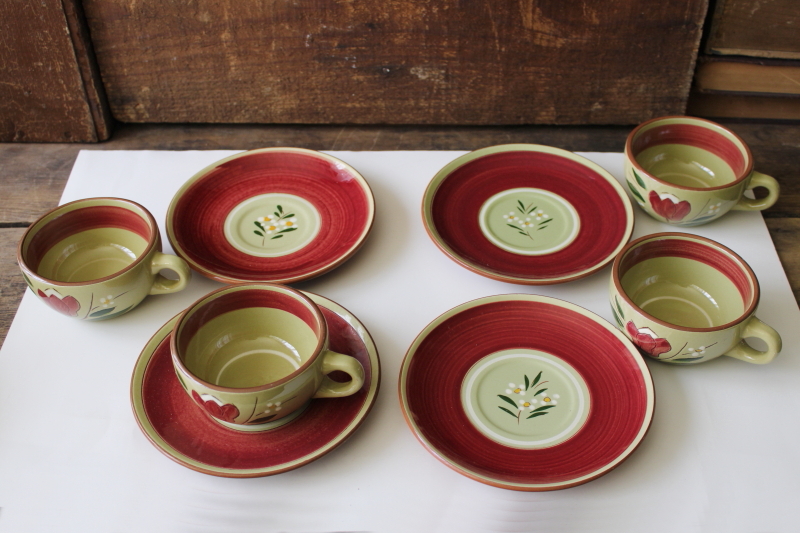 photo of vintage Stangl pottery Magnolia folk art flower on green, set of 4 cups & saucers #1