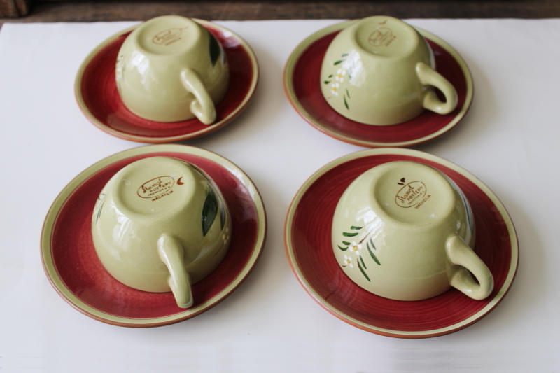 photo of vintage Stangl pottery Magnolia folk art flower on green, set of 4 cups & saucers #6