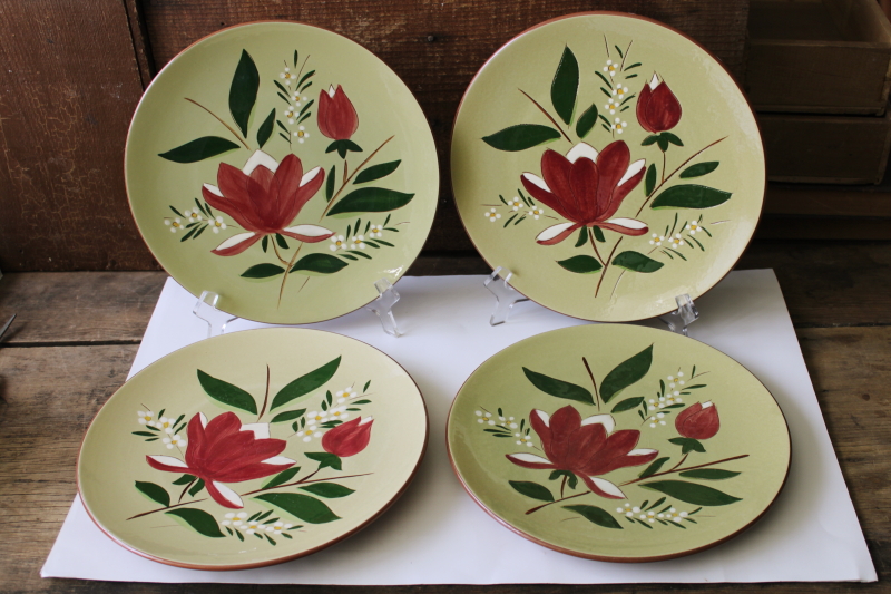 photo of vintage Stangl pottery Magnolia folk art flower on green, set of 4 dinner plates #1