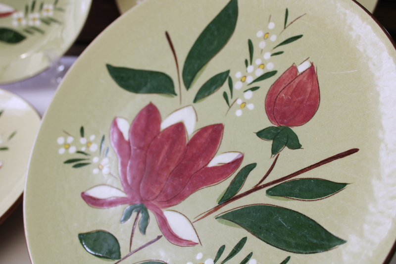 photo of vintage Stangl pottery Magnolia folk art flower on green, set of 4 dinner plates #2