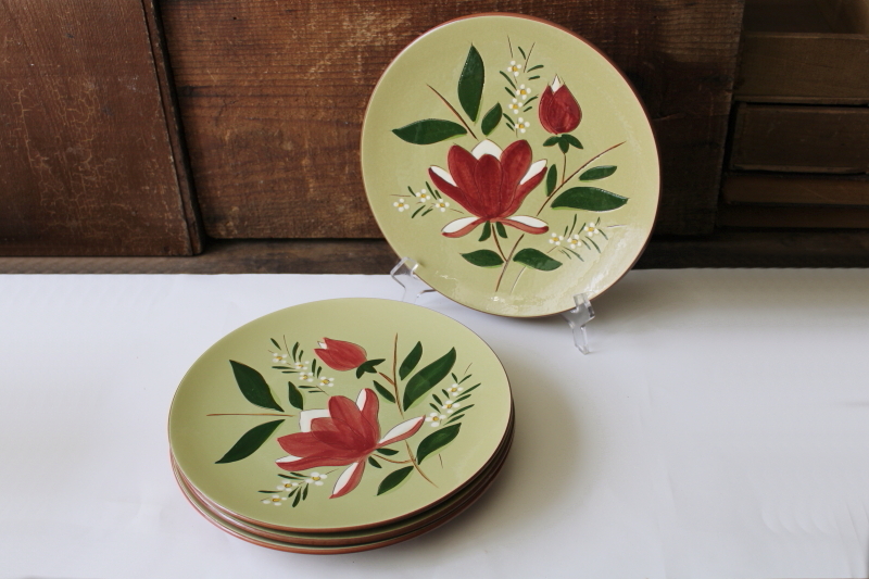 photo of vintage Stangl pottery Magnolia folk art flower on green, set of 4 dinner plates #5