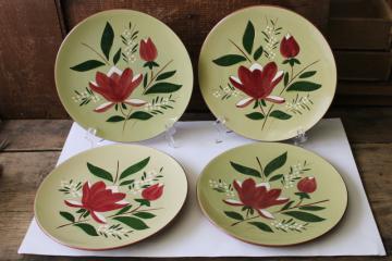 catalog photo of vintage Stangl pottery Magnolia folk art flower on green, set of 4 dinner plates