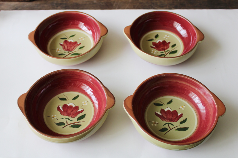 photo of vintage Stangl pottery Magnolia folk art flower on green, set of 4 soup chowder bowls #1