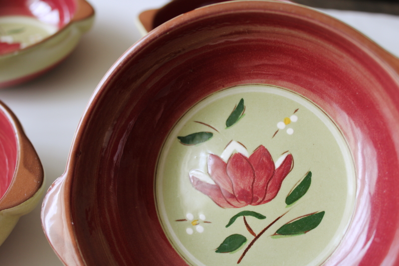 photo of vintage Stangl pottery Magnolia folk art flower on green, set of 4 soup chowder bowls #2