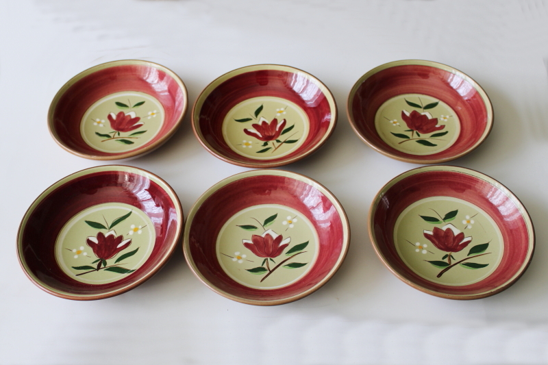 photo of vintage Stangl pottery Magnolia folk art flower on green, set of 6 fruit bowls #1