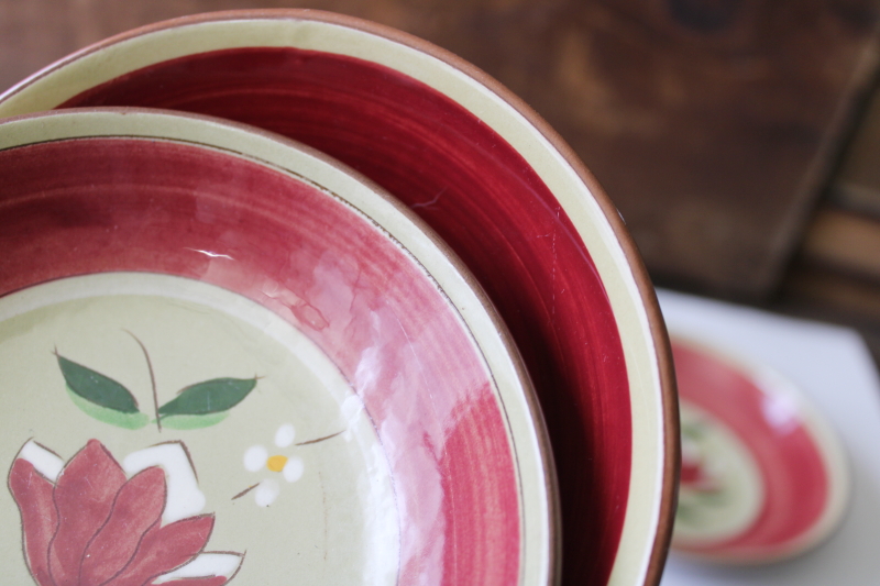 photo of vintage Stangl pottery Magnolia folk art flower on green, set of 6 fruit bowls #3