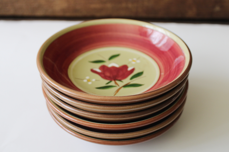 photo of vintage Stangl pottery Magnolia folk art flower on green, set of 6 fruit bowls #7