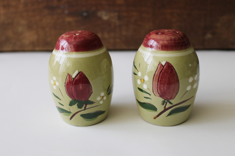 photo of vintage Stangl pottery S&P shakers Magnolia pattern folk art flower on green #4