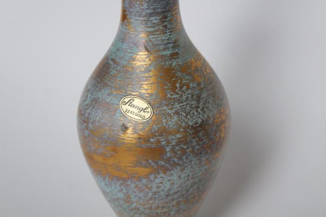 photo of vintage Stangl pottery bud vase, Antique gold brushed finish over aqua #2