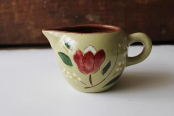 catalog photo of vintage Stangl pottery cream pitcher, Magnolia pattern creamer folk art flower on green