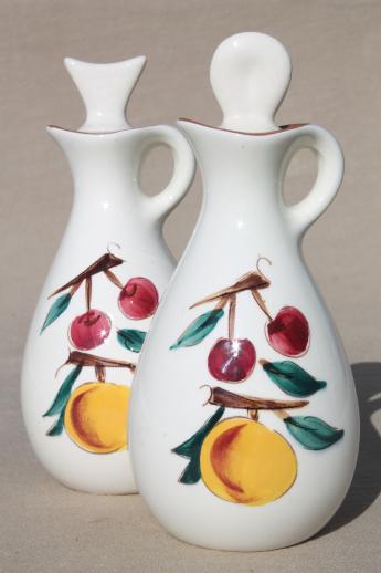 photo of vintage Stangl pottery fruit pattern Oil & Vinegar cruets, cruet bottle set #1