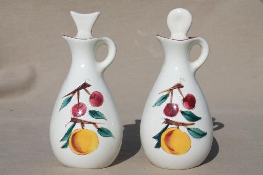 photo of vintage Stangl pottery fruit pattern Oil & Vinegar cruets, cruet bottle set #2