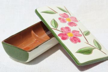 catalog photo of vintage Stangl pottery pink dogwood long rectangular box, cigarette box?