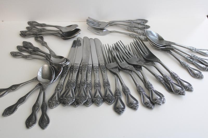 photo of vintage Stanley Roberts Korea stainless flatware, heavy ornate floral rose pattern silverware #1