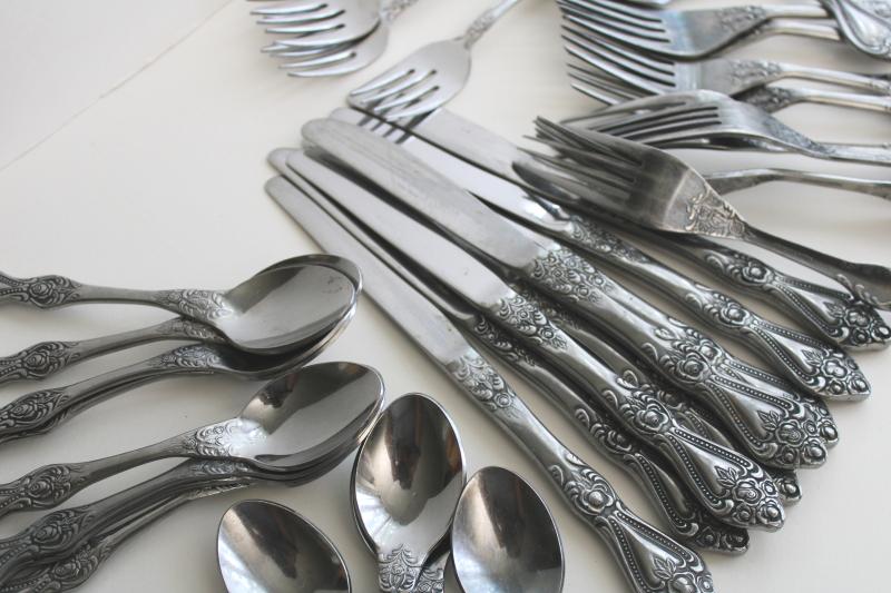 photo of vintage Stanley Roberts Korea stainless flatware, heavy ornate floral rose pattern silverware #2