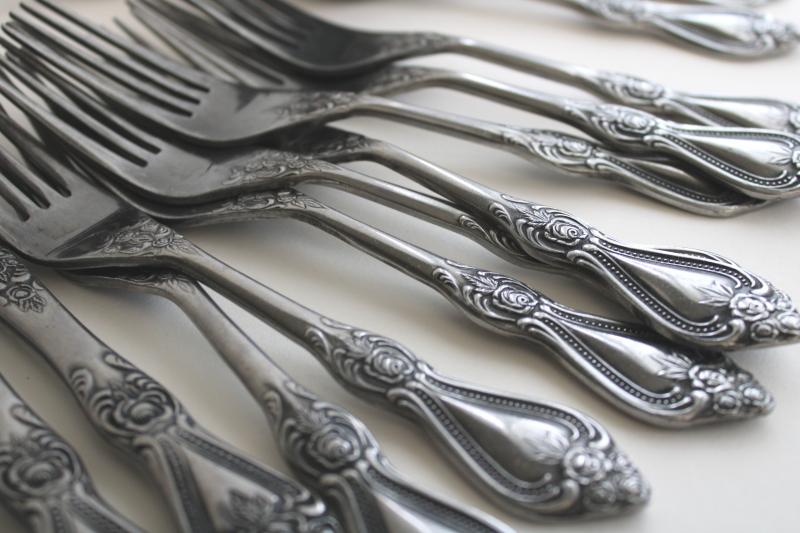 photo of vintage Stanley Roberts Korea stainless flatware, heavy ornate floral rose pattern silverware #3