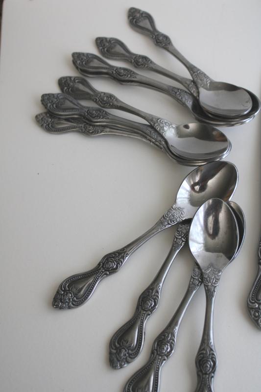 photo of vintage Stanley Roberts Korea stainless flatware, heavy ornate floral rose pattern silverware #4