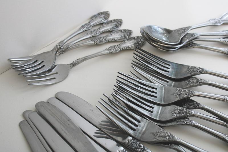 photo of vintage Stanley Roberts Korea stainless flatware, heavy ornate floral rose pattern silverware #7