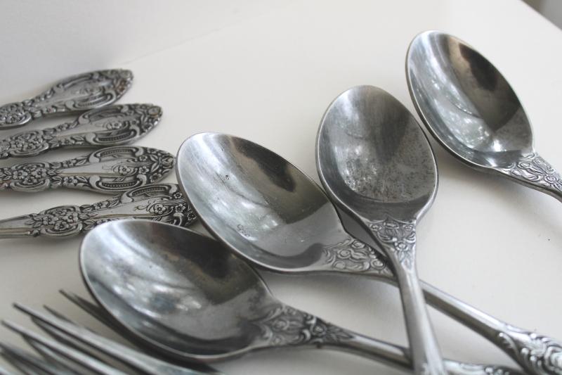 photo of vintage Stanley Roberts Korea stainless flatware, heavy ornate floral rose pattern silverware #9