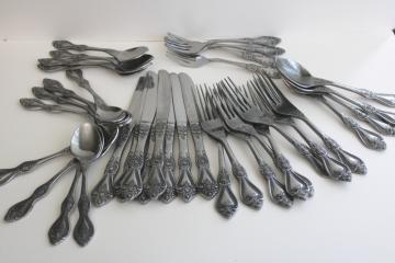 catalog photo of vintage Stanley Roberts Korea stainless flatware, heavy ornate floral rose pattern silverware