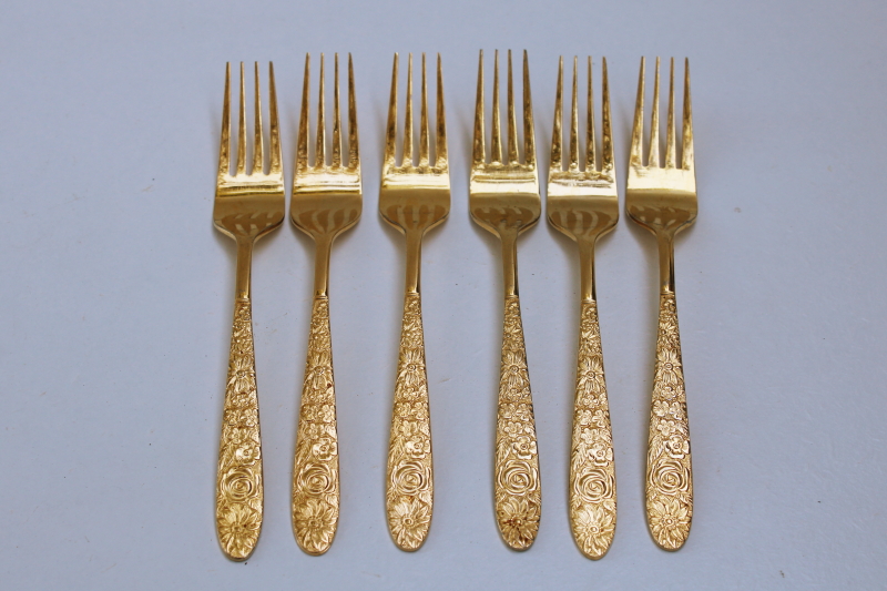 photo of vintage Stanley Roberts gold electroplate flatware, SRB180 6 forks, floral bouquet chintz flowers pattern #1