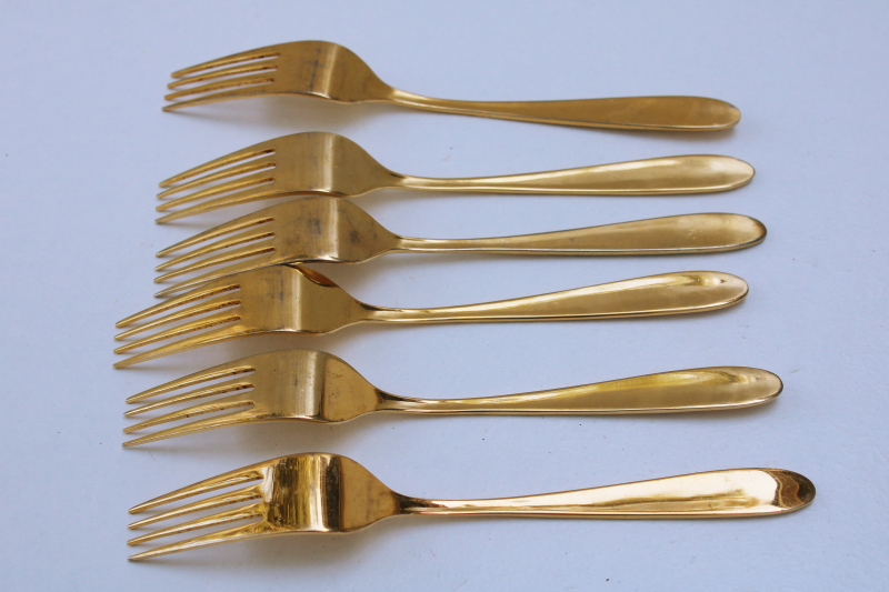 photo of vintage Stanley Roberts gold electroplate flatware, SRB180 6 forks, floral bouquet chintz flowers pattern #3