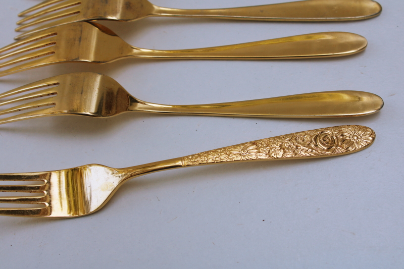 photo of vintage Stanley Roberts gold electroplate flatware, SRB180 6 forks, floral bouquet chintz flowers pattern #5