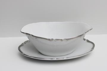 catalog photo of vintage Starlight Harmony House china platinum silver on white, gravy boat w/ attached plate