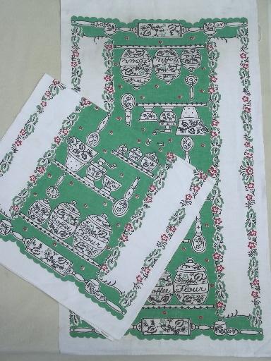 photo of vintage Startex cotton dish towels, kitchenware print on jadite green #1