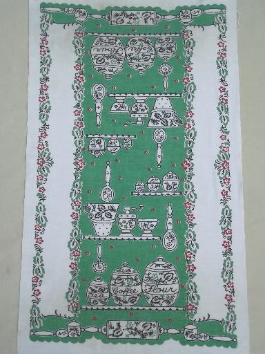 photo of vintage Startex cotton dish towels, kitchenware print on jadite green #2