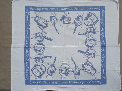 photo of vintage Startex jumbo kitchen towels, cotton print towels w/ pots & pans #2