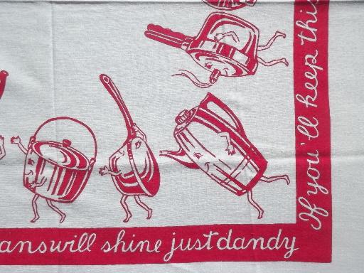 photo of vintage Startex jumbo kitchen towels, cotton print towels w/ pots & pans #5