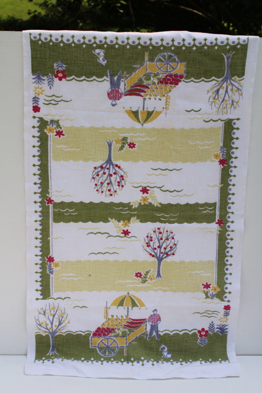 photo of vintage Startex print kitchen tea towel, farmer's market garden produce stand, cart & umbrella #1