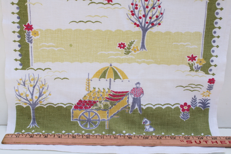 photo of vintage Startex print kitchen tea towel, farmer's market garden produce stand, cart & umbrella  #2