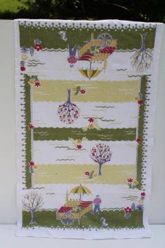 catalog photo of vintage Startex print kitchen tea towel, farmer's market garden produce stand, cart & umbrella 