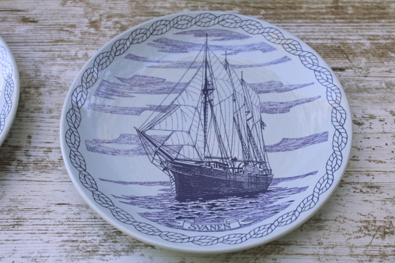 photo of vintage Stavangerflint Norway blue & white plates, sailing ship Svanen design  #2