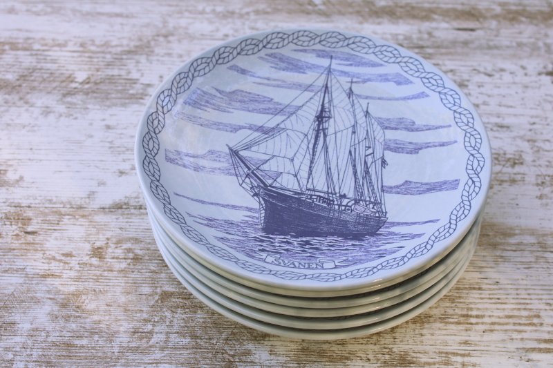 photo of vintage Stavangerflint Norway blue & white plates, sailing ship Svanen design  #7