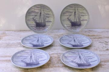 catalog photo of vintage Stavangerflint Norway blue & white plates, sailing ship Svanen design 