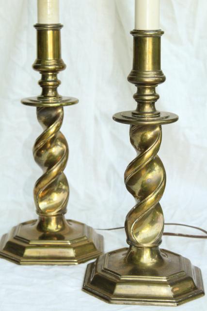 photo of vintage Stiffel lamps, barley twist heavy brass candlestick lamp pair #1