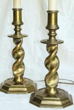 catalog photo of vintage Stiffel lamps, barley twist heavy brass candlestick lamp pair