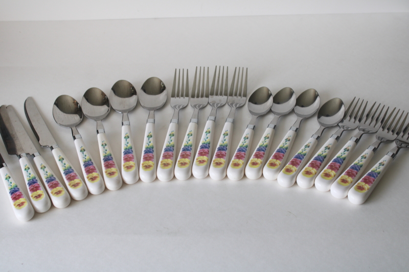photo of vintage Summer Blush pansies flatware set for 4, plastic handle stainless 20 pieces Corelle Coordinates  #1