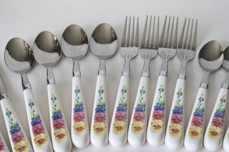 photo of vintage Summer Blush pansies flatware set for 4, plastic handle stainless 20 pieces Corelle Coordinates  #2