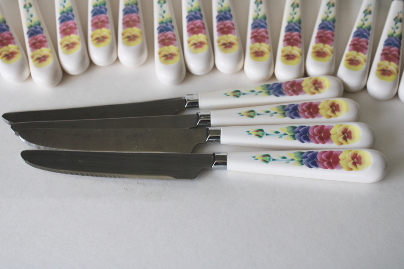 photo of vintage Summer Blush pansies flatware set for 4, plastic handle stainless 20 pieces Corelle Coordinates  #4